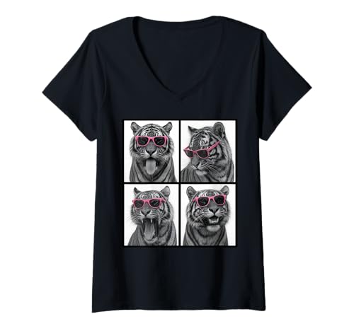 Damen Tierfoto Lustiger Tiger mit Sonnenbrille Photobooth T-Shirt mit V-Ausschnitt Damen Tierfoto Lustiger Tiger mit Sonnenbrille Photobooth T-Shirt mit V-Ausschnitt von Cute Tigers With Sunglasses Photo Booth Tiger