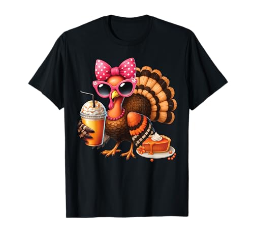 Truthahn Trinken Kaffee Thanksgiving Schleife Damen Türkei Tag T-Shirt Truthahn Trinken Kaffee Thanksgiving Schleife Damen Türkei Tag T-Shirt von Cute Turkey Lady Pumpkin Spice Funny Thanksgiving