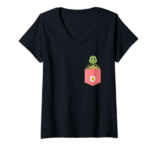 Damen Taschenschildkröte mit Gänseblümchentasche, niedliche Zeichentrickfilme T-Shirt mit V-Ausschnitt Damen Taschenschildkröte mit Gänseblümchentasche, niedliche Zeichentrickfilme T-Shirt mit V-Ausschnitt von Cute Turtle Pocket Cartoon Kids Animal