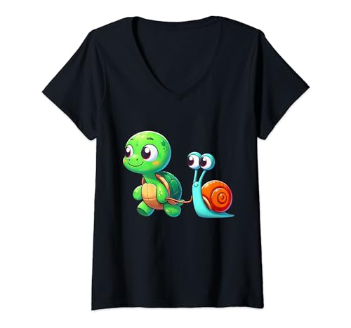 Damen Lustiges Paar Freund Schildkröte und Schnecke Herren Damen Schildkröte T-Shirt mit V-Ausschnitt von Cute Turtle Snail Lovers Costume For Women Men