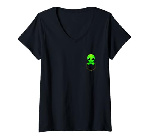 Damen Kinder Frauen Männer Lustig UFO Alien In Pocket Cute Pocket Alien T-Shirt mit V-Ausschnitt von Cute UFO In Pocket Funny Alien In Pocket shirt