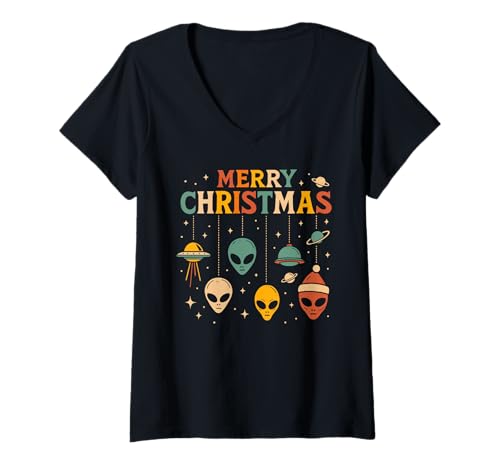 Damen Retro Weihnachten UFO Alien Xmas Sci Fi Feiertage T-Shirt mit V-Ausschnitt Damen Retro Weihnachten UFO Alien Xmas Sci Fi Feiertage T-Shirt mit V-Ausschnitt von Cute UFO & Alien Funny Christmas Science Design