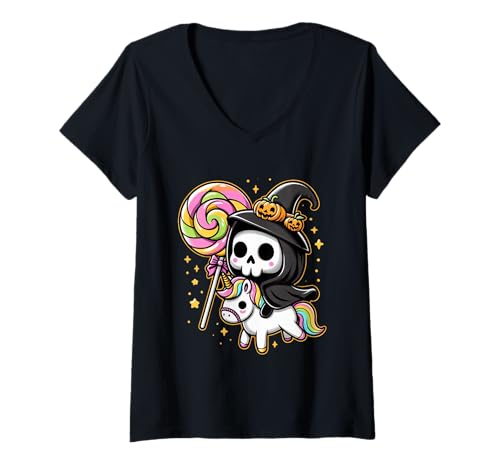 Damen Niedlicher Sensenmann Hexe reitet Einhorn Halloween Girl Squad T-Shirt mit V-Ausschnitt Damen Niedlicher Sensenmann Hexe reitet Einhorn Halloween Girl Squad T-Shirt mit V-Ausschnitt von Cute Unicorn Candy Squad Halloween Reaper Parade
