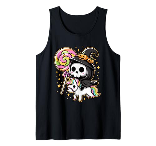 Niedlicher Sensenmann Hexe reitet Einhorn Halloween Girl Squad Tank Top von Cute Unicorn Candy Squad Halloween Reaper Parade