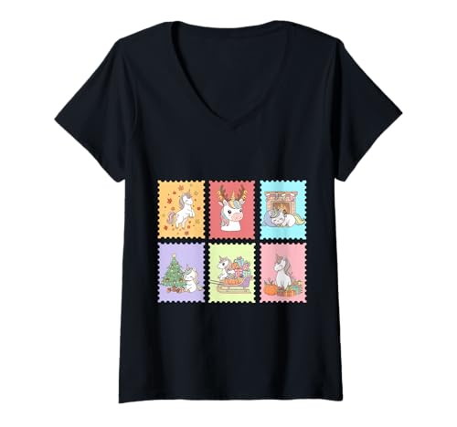 Damen Einhorn Weihnachten Thanksgiving Herbst Urlaub T-Shirt mit V-Ausschnitt von Cute Unicorn Christmas Fall Holiday