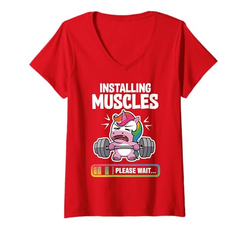Damen Lustiges Installieren von Muskeln Einhorn Workout Gym Fitness T-Shirt mit V-Ausschnitt von Cute Unicorn Gym Gifts for Women & Workout Lovers