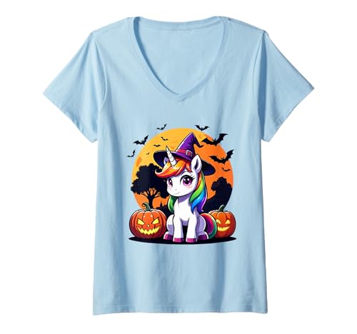 Damen Magisches Einhorn Halloween Kürbis Glow Fantasy Laterne Kunst T-Shirt mit V-Ausschnitt Damen Magisches Einhorn Halloween Kürbis Glow Fantasy Laterne Kunst T-Shirt mit V-Ausschnitt von Cute Unicorn Halloween Jack o Lantern Pumpkin Kids