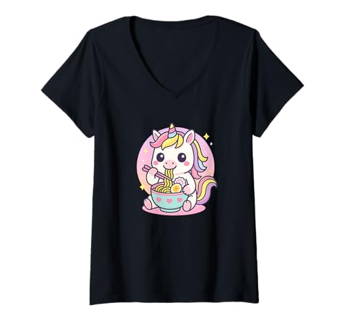 Damen Einhorn Essen Ramen Kawaii Japanisches Essen Männer Frauen Kinder T-Shirt mit V-Ausschnitt von Cute Unicorn Ramen Noodles Lover Merch Gifts