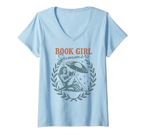 Damen Buch Mädchen Sommer Retro Strand Leser Vintage T-Shirt mit V-Ausschnitt von Cute Vintage Bookish Summer Reading Girl Shirt