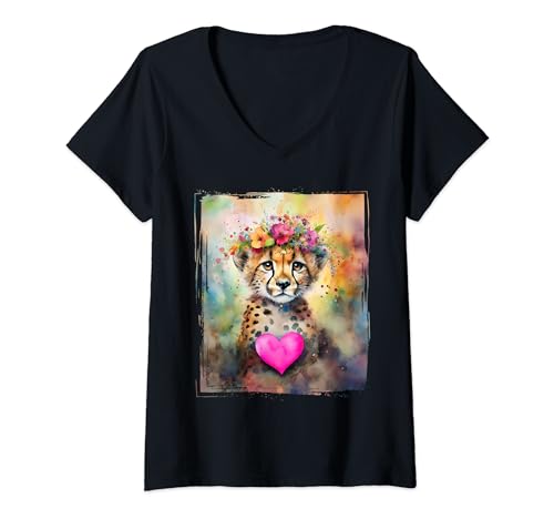 Damen Niedliches Aquarell Splash Baby Gepard Leopard Portrait T-Shirt mit V-Ausschnitt von Cute Watercolor Baby Cheetah Leopard Portrait