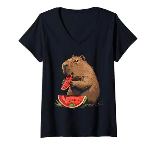 Damen Wassermelone Capybara Zeichnung Obst Tierliebhaber Kunstwerk T-Shirt mit V-Ausschnitt Damen Wassermelone Capybara Zeichnung Obst Tierliebhaber Kunstwerk T-Shirt mit V-Ausschnitt von Cute Watermelon Animals