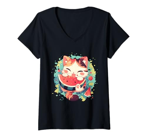 Damen Wassermelone Katze Bunte Kunst Wassermelone Obst Katzenliebhaber T-Shirt mit V-Ausschnitt Damen Wassermelone Katze Bunte Kunst Wassermelone Obst Katzenliebhaber T-Shirt mit V-Ausschnitt von Cute Watermelon Animals