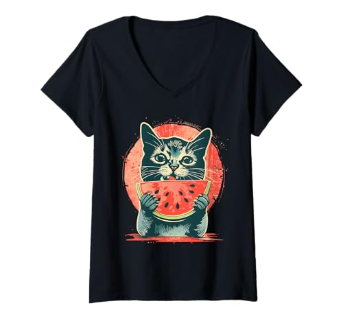 Damen Wassermelone Katze Zeichnung Wassermelone Obst Kunstwerk Tierkunst T-Shirt mit V-Ausschnitt Damen Wassermelone Katze Zeichnung Wassermelone Obst Kunstwerk Tierkunst T-Shirt mit V-Ausschnitt von Cute Watermelon Animals