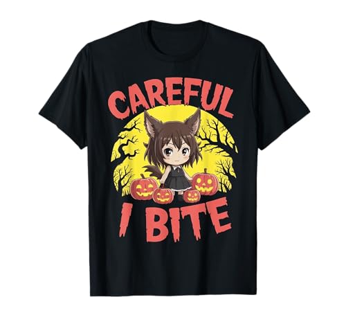 Halloween Anime Werwolf Girl Careful I Bite Cute Kids Wolf T-Shirt von Cute Werewolf Halloween Tees NYC