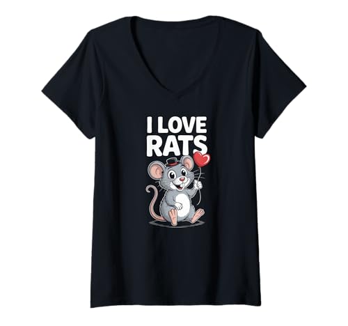 Damen I Love Rats Herz-Ballon, Cartoon-Stil T-Shirt mit V-Ausschnitt Damen I Love Rats Herz-Ballon, Cartoon-Stil T-Shirt mit V-Ausschnitt von Cute Whimsical Rat Lovers Apparel Fun