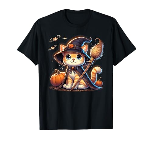 Lustige Halloween-Hexe, Baby-Katze, mit Besen, Kürbisse, Fledermäuse T-Shirt von Cute Witch Cat Halloween Pumpkin Bats