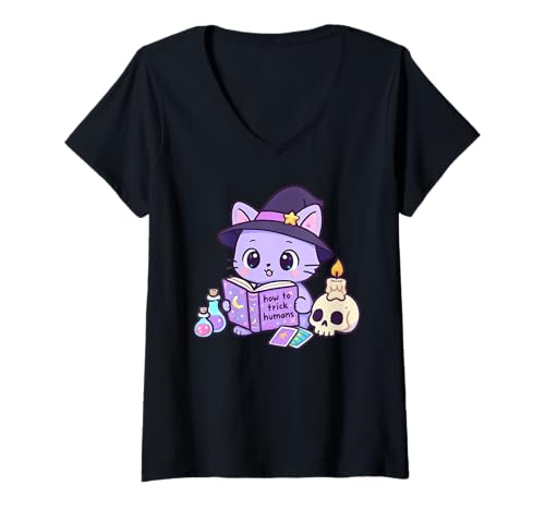 Damen Kawaii Hexe Katze Pastell Goth Lustig Wicca Gothic T-Shirt mit V-Ausschnitt Damen Kawaii Hexe Katze Pastell Goth Lustig Wicca Gothic T-Shirt mit V-Ausschnitt von Cute Witchy Kitty Witchcraft Sarcastic Design