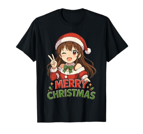 Kawaii Anime Girl Santa Frohe Weihnachten Otaku T-Shirt Kawaii Anime Girl Santa Frohe Weihnachten Otaku T-Shirt von Cute XMAS Japanese Christmas Anime Manga Lover