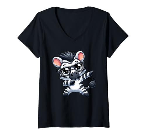 Damen Niedliches Zebra-Tier-Cartoon mit Brille T-Shirt mit V-Ausschnitt Damen Niedliches Zebra-Tier-Cartoon mit Brille T-Shirt mit V-Ausschnitt von Cute Zebra Dab Funny Animal Glasses Cartoon Dance