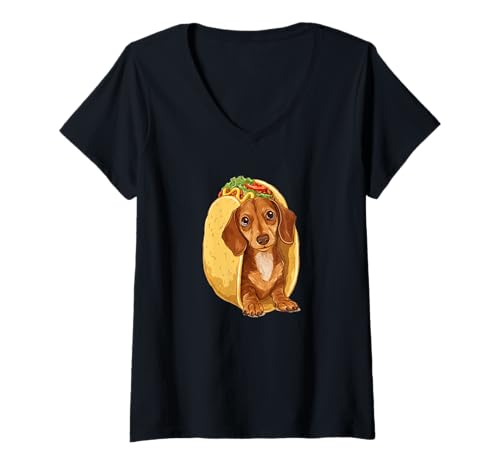 Damen Niedlicher entzückender Dackel Weiner Hund Taco T-Shirt mit V-Ausschnitt von Cute adorable dachshund weiner dog taco