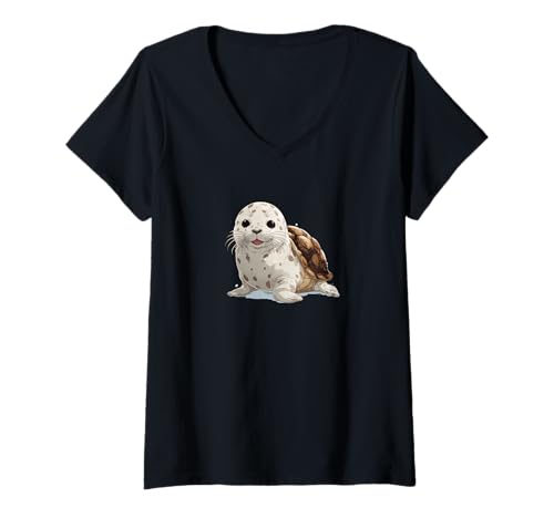 Damen Niedliche entzückende Robbe mit Schildpatt-Muschel T-Shirt mit V-Ausschnitt Damen Niedliche entzückende Robbe mit Schildpatt-Muschel T-Shirt mit V-Ausschnitt von Cute adorable seal wearing a tortoise shell