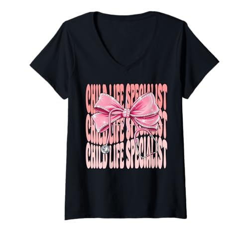 Damen Child Life Specialist Woche Tag für Frauen Rosa Kokette Schleife T-Shirt mit V-Ausschnitt Damen Child Life Specialist Woche Tag für Frauen Rosa Kokette Schleife T-Shirt mit V-Ausschnitt von Cute and Funny Coquette Child Life Specialist