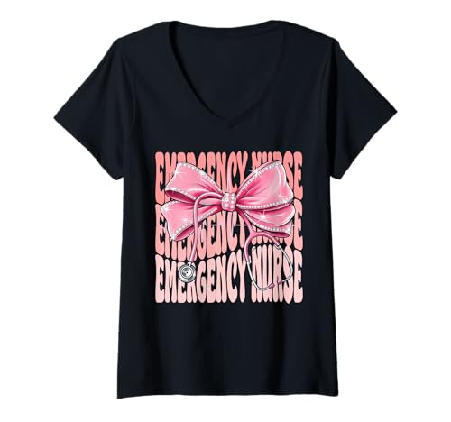 Damen Notfall-Krankenschwesterwoche für Frauen, rosa Kokette Schleife T-Shirt mit V-Ausschnitt Damen Notfall-Krankenschwesterwoche für Frauen, rosa Kokette Schleife T-Shirt mit V-Ausschnitt von Cute and Funny Coquette Emergency Nurse
