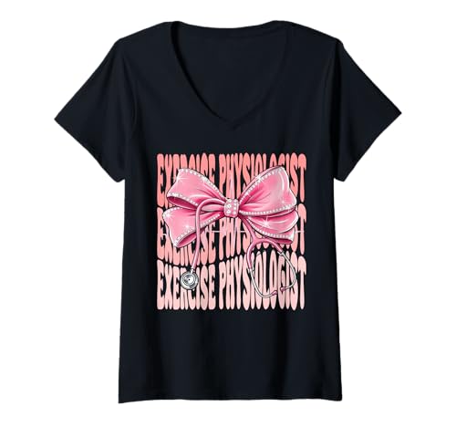 Damen Physiologen-Woche für Frauen, rosa Kokette Schleife T-Shirt mit V-Ausschnitt von Cute and Funny Coquette Exercise Physiologist