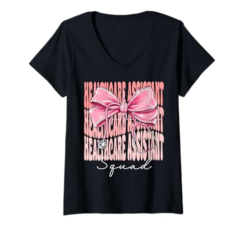 Damen Healthcare Assistant Squad Week Day für Frauen Coquette Bow T-Shirt mit V-Ausschnitt von Cute and Funny Coquette Healthcare Assistant Squad