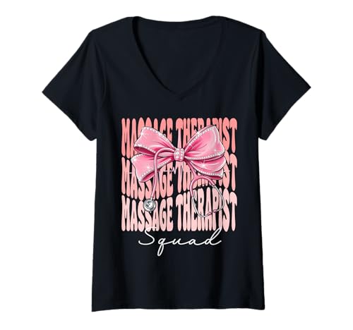 Damen Massagetherapeutin Squad Woche Tag für Frauen, rosa Kokette Schleife T-Shirt mit V-Ausschnitt Damen Massagetherapeutin Squad Woche Tag für Frauen, rosa Kokette Schleife T-Shirt mit V-Ausschnitt von Cute and Funny Coquette Massage Therapist Squad