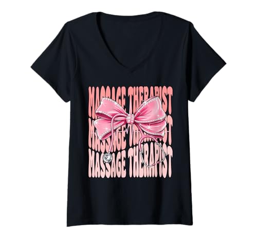 Damen Massagetherapeutin Wochentag für Frauen, rosa Kokette Schleife T-Shirt mit V-Ausschnitt von Cute and Funny Coquette Massage Therapist