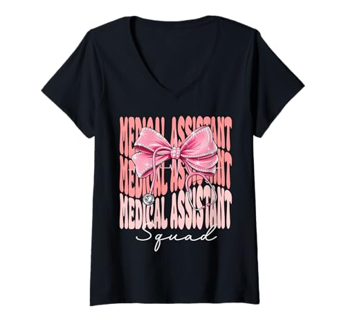 Damen Medical Assistant Squad Week Day für Damen, pinkfarbener Kokettenbogen T-Shirt mit V-Ausschnitt Damen Medical Assistant Squad Week Day für Damen, pinkfarbener Kokettenbogen T-Shirt mit V-Ausschnitt von Cute and Funny Coquette Medical Assistant Squad