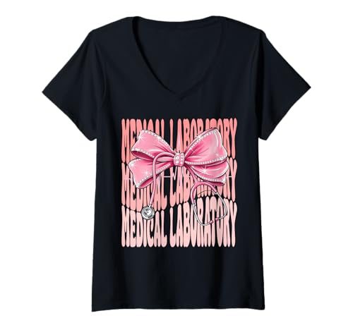 Damen Medizinisches Labor Wochentag für Frauen Rosa Kokette Schleife T-Shirt mit V-Ausschnitt von Cute and Funny Coquette Medical Laboratory