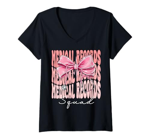 Damen Medical Records Squad Week Day für Damen, pinkfarbener Kokettenbogen T-Shirt mit V-Ausschnitt Damen Medical Records Squad Week Day für Damen, pinkfarbener Kokettenbogen T-Shirt mit V-Ausschnitt von Cute and Funny Coquette Medical Records Squad