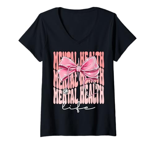 Damen Mental Health Life Week Day für Frauen, rosa Kokettenschleife T-Shirt mit V-Ausschnitt Damen Mental Health Life Week Day für Frauen, rosa Kokettenschleife T-Shirt mit V-Ausschnitt von Cute and Funny Coquette Mental Health Life