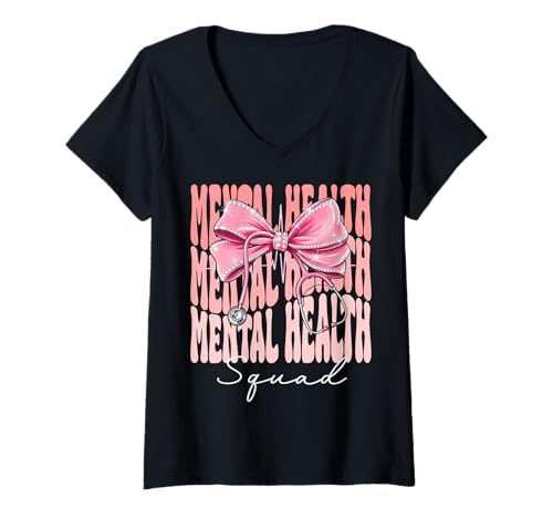 Damen Mental Health Squad Week Day für Damen, rosa Kokettenschleife T-Shirt mit V-Ausschnitt Damen Mental Health Squad Week Day für Damen, rosa Kokettenschleife T-Shirt mit V-Ausschnitt von Cute and Funny Coquette Mental Health Squad