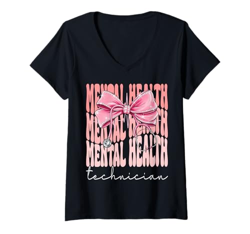 Damen Wochentag für Psychologietechniker für Frauen Coquette Bow T-Shirt mit V-Ausschnitt Damen Wochentag für Psychologietechniker für Frauen Coquette Bow T-Shirt mit V-Ausschnitt von Cute and Funny Coquette Mental Health Technician