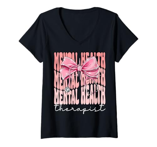 Damen Mental Health Therapeutin Woche Tag für Frauen Rosa Kokette Schleife T-Shirt mit V-Ausschnitt Damen Mental Health Therapeutin Woche Tag für Frauen Rosa Kokette Schleife T-Shirt mit V-Ausschnitt von Cute and Funny Coquette Mental Health Therapist