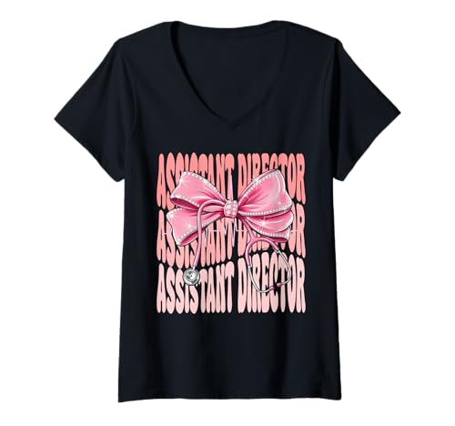 Damen Assistent Director Week Day for Women Pink Coquette Bow T-Shirt mit V-Ausschnitt Damen Assistent Director Week Day for Women Pink Coquette Bow T-Shirt mit V-Ausschnitt von Cute and Funny Groovy Coquette Assistant Director
