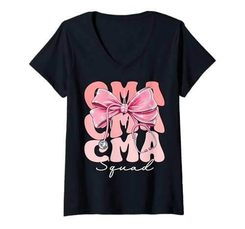 Damen CMA Squad Week Day for Women Pink Coquette Bow Stethoskop T-Shirt mit V-Ausschnitt Damen CMA Squad Week Day for Women Pink Coquette Bow Stethoskop T-Shirt mit V-Ausschnitt von Cute and Funny Groovy Coquette CMA Squad