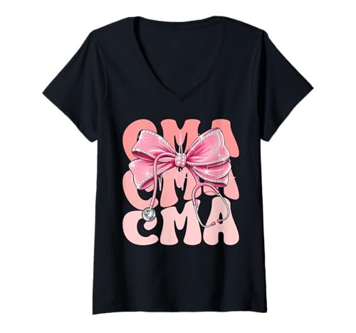 Damen CMA Week Day for Women Pink Coquette Bow Stethoskop T-Shirt mit V-Ausschnitt Damen CMA Week Day for Women Pink Coquette Bow Stethoskop T-Shirt mit V-Ausschnitt von Cute and Funny Groovy Coquette CMA