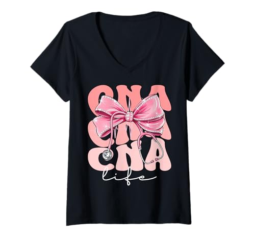 Damen CNA Life Week Day for Women Pink Coquette Bow Stethoskop T-Shirt mit V-Ausschnitt von Cute and Funny Groovy Coquette CNA Life