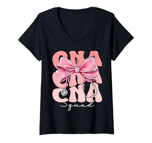 Damen CNA Squad Week Day for Women Pink Coquette Bow Stethoskop T-Shirt mit V-Ausschnitt Damen CNA Squad Week Day for Women Pink Coquette Bow Stethoskop T-Shirt mit V-Ausschnitt von Cute and Funny Groovy Coquette CNA Squad