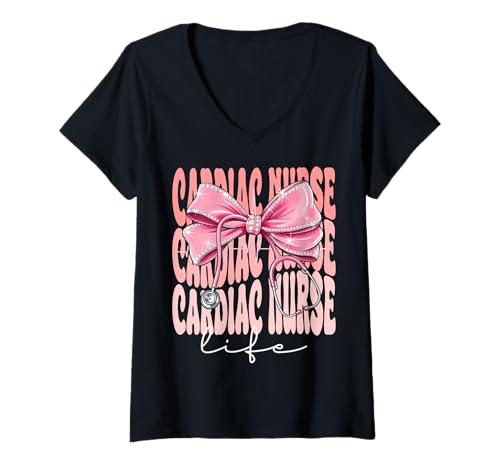 Damen Cardiac Nurse Life Week Day für Damen, Kokettenschleife, Rosa T-Shirt mit V-Ausschnitt Damen Cardiac Nurse Life Week Day für Damen, Kokettenschleife, Rosa T-Shirt mit V-Ausschnitt von Cute and Funny Groovy Coquette Cardiac Nurse Life
