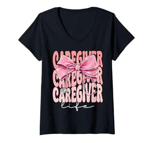 Damen Caregiver Life Week Day für Damen, rosa Kokettenschleife T-Shirt mit V-Ausschnitt Damen Caregiver Life Week Day für Damen, rosa Kokettenschleife T-Shirt mit V-Ausschnitt von Cute and Funny Groovy Coquette Caregiver Life