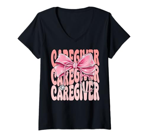 Damen Caregiver Week Day for Women Pink Coquette Bow Stethoskop T-Shirt mit V-Ausschnitt Damen Caregiver Week Day for Women Pink Coquette Bow Stethoskop T-Shirt mit V-Ausschnitt von Cute and Funny Groovy Coquette Caregiver