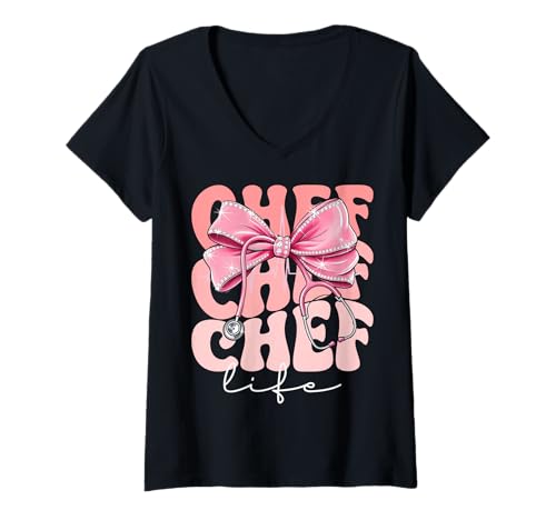 Damen Chef Life Week Day for Women Pink Coquette Bow Stethoskop T-Shirt mit V-Ausschnitt Damen Chef Life Week Day for Women Pink Coquette Bow Stethoskop T-Shirt mit V-Ausschnitt von Cute and Funny Groovy Coquette Chef Life
