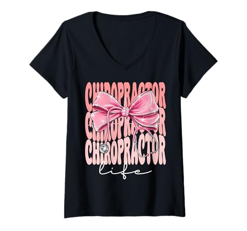 Damen Chiropraktiker Life Week Day für Frauen Rosa Kokette Schleife T-Shirt mit V-Ausschnitt Damen Chiropraktiker Life Week Day für Frauen Rosa Kokette Schleife T-Shirt mit V-Ausschnitt von Cute and Funny Groovy Coquette Chiropractor Life