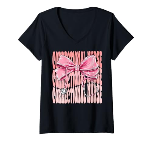 Damen Korrekturkrankenschwester Woche Tag für Frauen Rosa Kokette Schleife T-Shirt mit V-Ausschnitt Damen Korrekturkrankenschwester Woche Tag für Frauen Rosa Kokette Schleife T-Shirt mit V-Ausschnitt von Cute and Funny Groovy Coquette Correctional Nurse