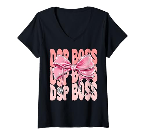 Damen DSP Boss Week Day for Women Pink Coquette Bow Stethoskop T-Shirt mit V-Ausschnitt Damen DSP Boss Week Day for Women Pink Coquette Bow Stethoskop T-Shirt mit V-Ausschnitt von Cute and Funny Groovy Coquette DSP Boss